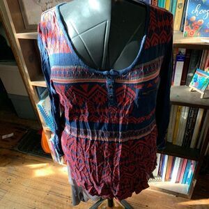 Soft Surroundings L southwest red and black split neck blouse
